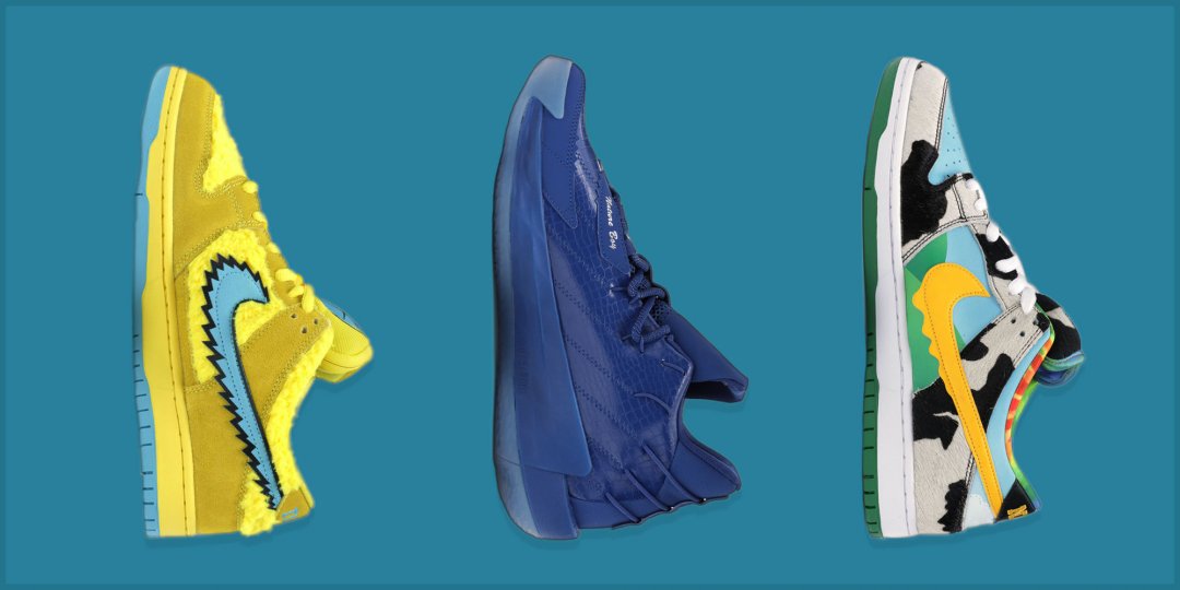 Żółte buty Nike, niebieskie buty adidas i drukowane buty Nike na niebieskim tle