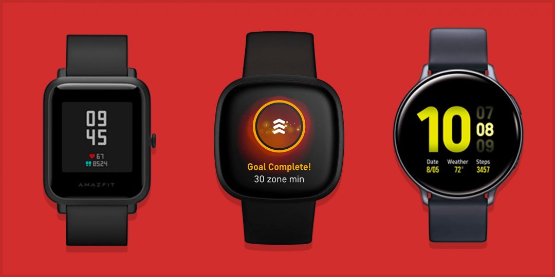 Trzy czarne smartwatche na czerwonym tle