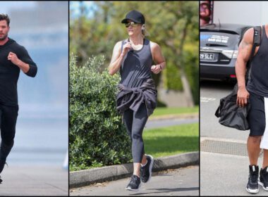 Chris Hemsworth running, Reese Witherspoon running i Dwayne' The Rock ' Johnson walking z torbą gimnastyczną w ubraniach fitness, collage image