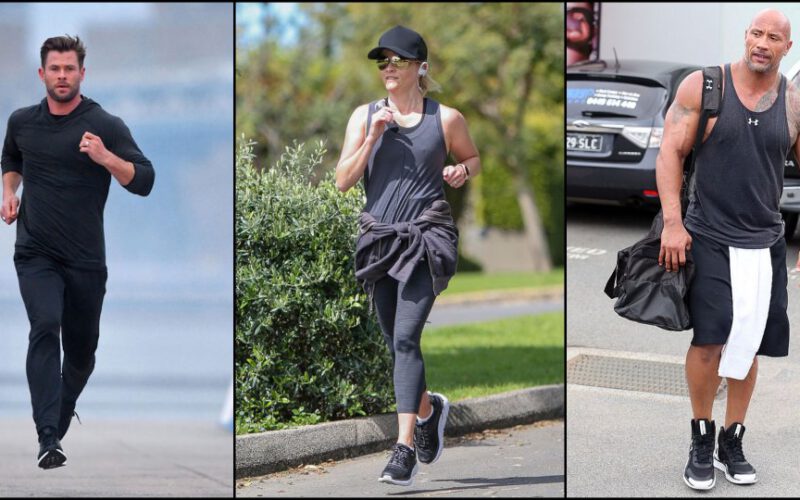 Chris Hemsworth running, Reese Witherspoon running i Dwayne' The Rock ' Johnson walking z torbą gimnastyczną w ubraniach fitness, collage image