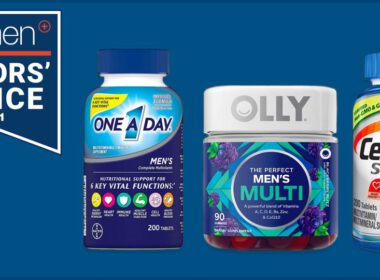 Trzy multiwitaminy na niebieskim tle, Nakładka na plakietkę AskMen Editors' Choice