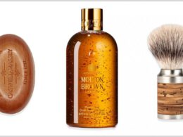 Caswell Masey brown mydło molton brown brązowo-złoty body wash and cork shave brush