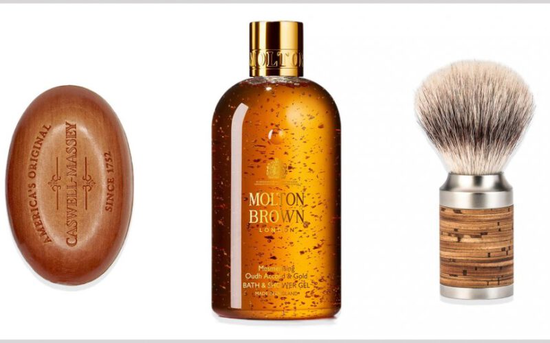 Caswell Masey brown mydło molton brown brązowo-złoty body wash and cork shave brush