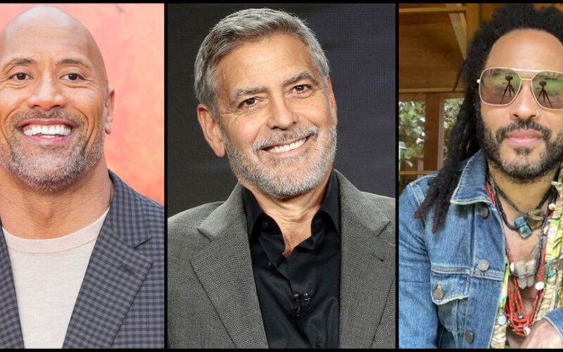 Dwayne Johnson z łysą fryzurą.George Clooney z krótką fryzurą quiff. Lenny Kravitz z fryzurą long dreads.