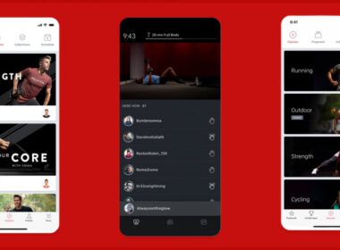 Trzy screeny z aplikacji Peloton na iPhonie pokazujące oferty klas na czerwonym tle