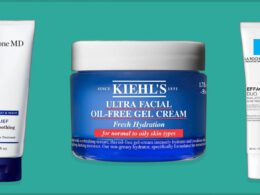 perricone MD acne face wash kiehls ultra facial oil-free gel cream la Roche posay spot treatment on green background