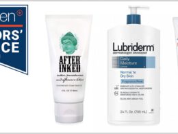 Po Inked, Lubriderm i Aquaphor balsamy na białym tle z nakładką plakietki AskMen Editor ' s Choice